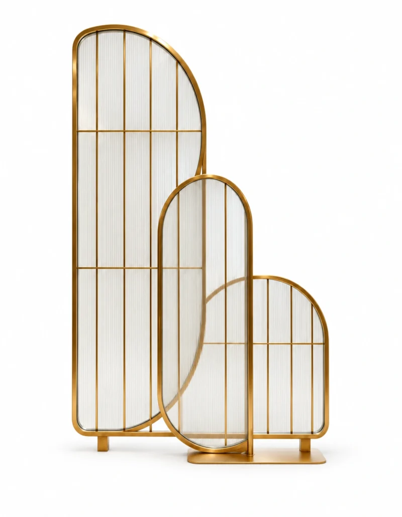 Arco Trio arched textured glass partition with Gold PVD frame