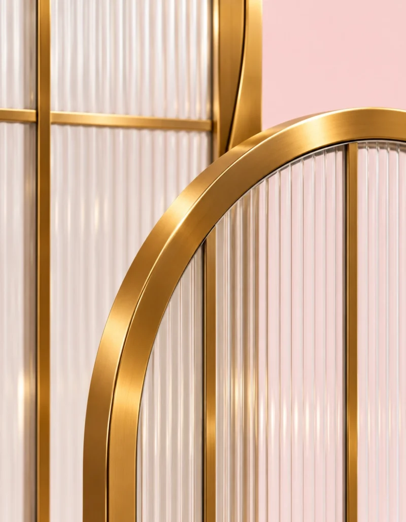 Arco Trio arched textured glass partition with Gold PVD frame