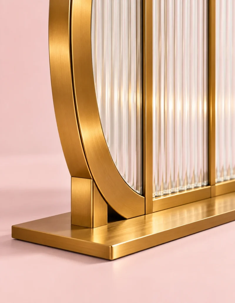 Arco Trio arched textured glass partition with Gold PVD frame