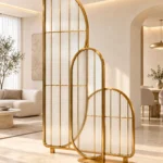 Arco Trio arched textured glass partition with Gold PVD frame