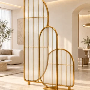 Arco Trio arched textured glass partition with Gold PVD frame