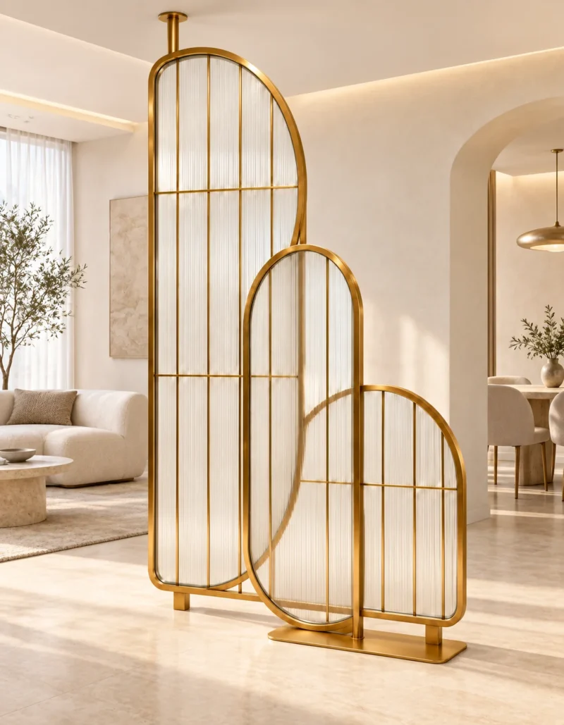 Arco Trio arched textured glass partition with Gold PVD frame