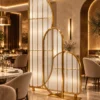 Arco Trio arched textured glass partition with Gold PVD frame