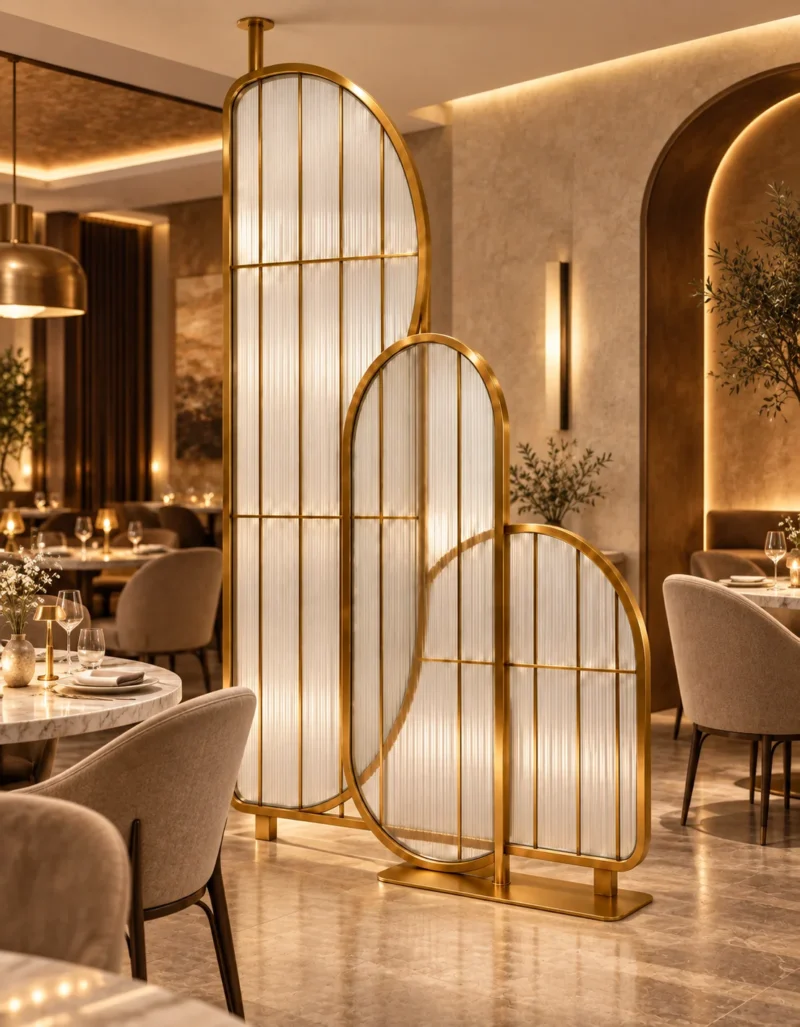 Arco Trio arched textured glass partition with Gold PVD frame