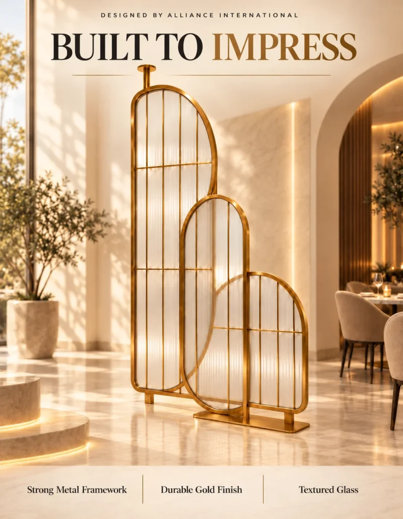 Arco Trio arched textured glass partition with Gold PVD frame