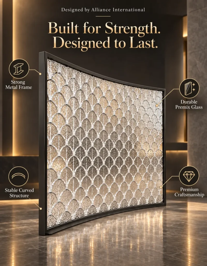 ArcScallop curved premix glass partition with textured scallop pattern