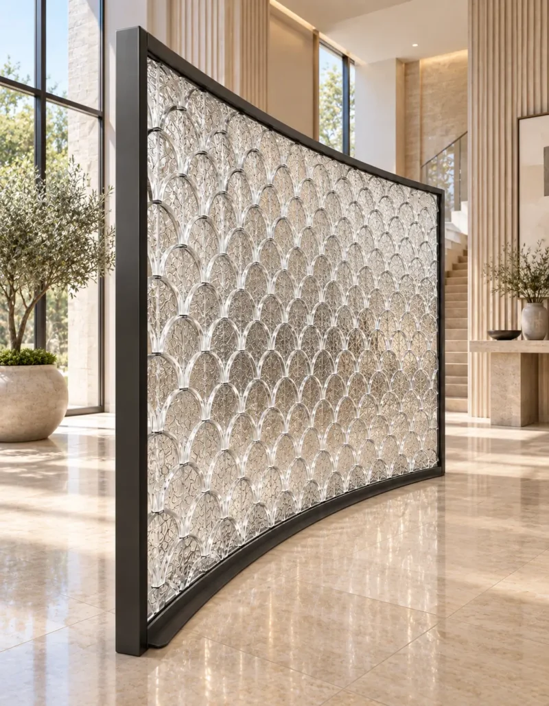 ArcScallop curved premix glass partition with textured scallop pattern
