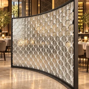 ArcScallop curved premix glass partition with textured scallop pattern