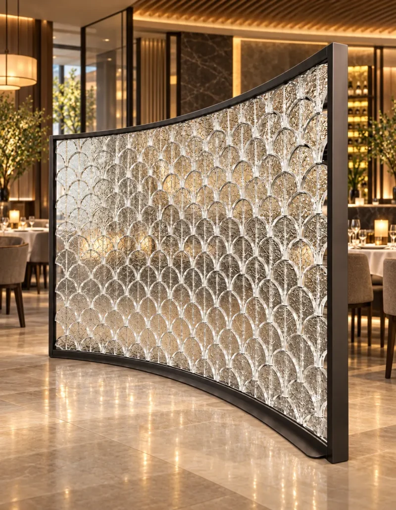 ArcScallop curved premix glass partition with textured scallop pattern