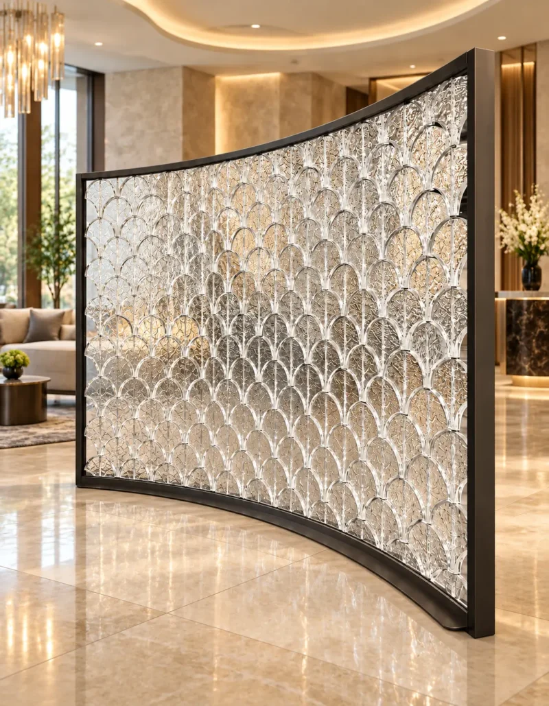 ArcScallop curved premix glass partition with textured scallop pattern