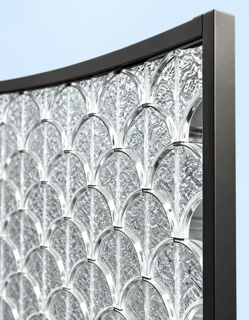 ArcScallop curved premix glass partition with textured scallop pattern