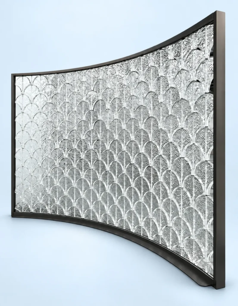 ArcScallop curved premix glass partition with textured scallop pattern
