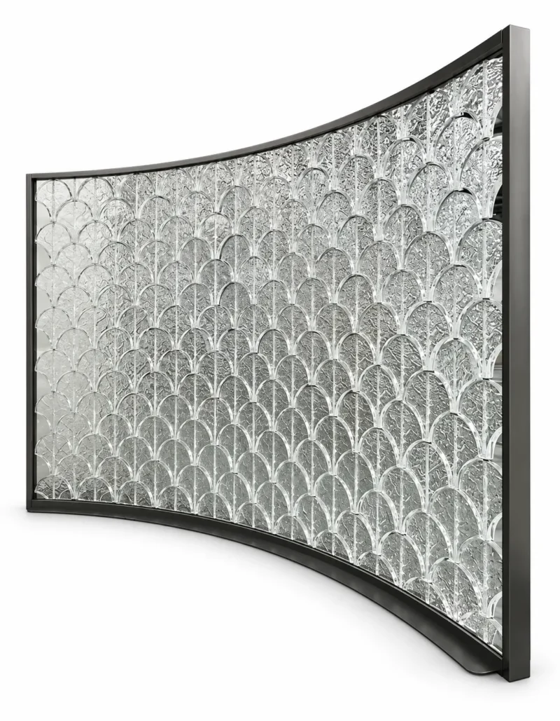 ArcScallop curved premix glass partition with textured scallop pattern