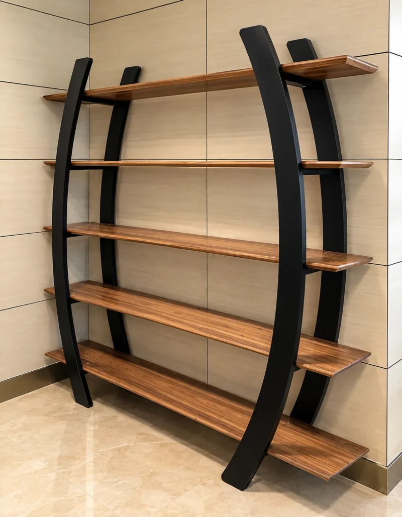 Arvento curved black retail display rack with five wooden-look shelves