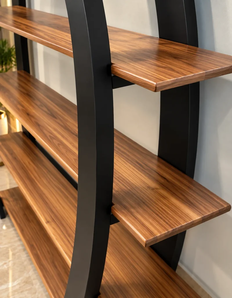 Arvento curved black retail display rack with five wooden-look shelves