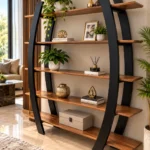 Arvento curved black retail display rack with five wooden-look shelves