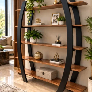 Arvento curved black retail display rack with five wooden-look shelves