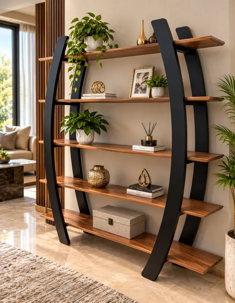 Arvento curved black retail display rack with five wooden-look shelves