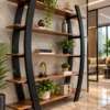 Arvento curved black retail display rack with five wooden-look shelves