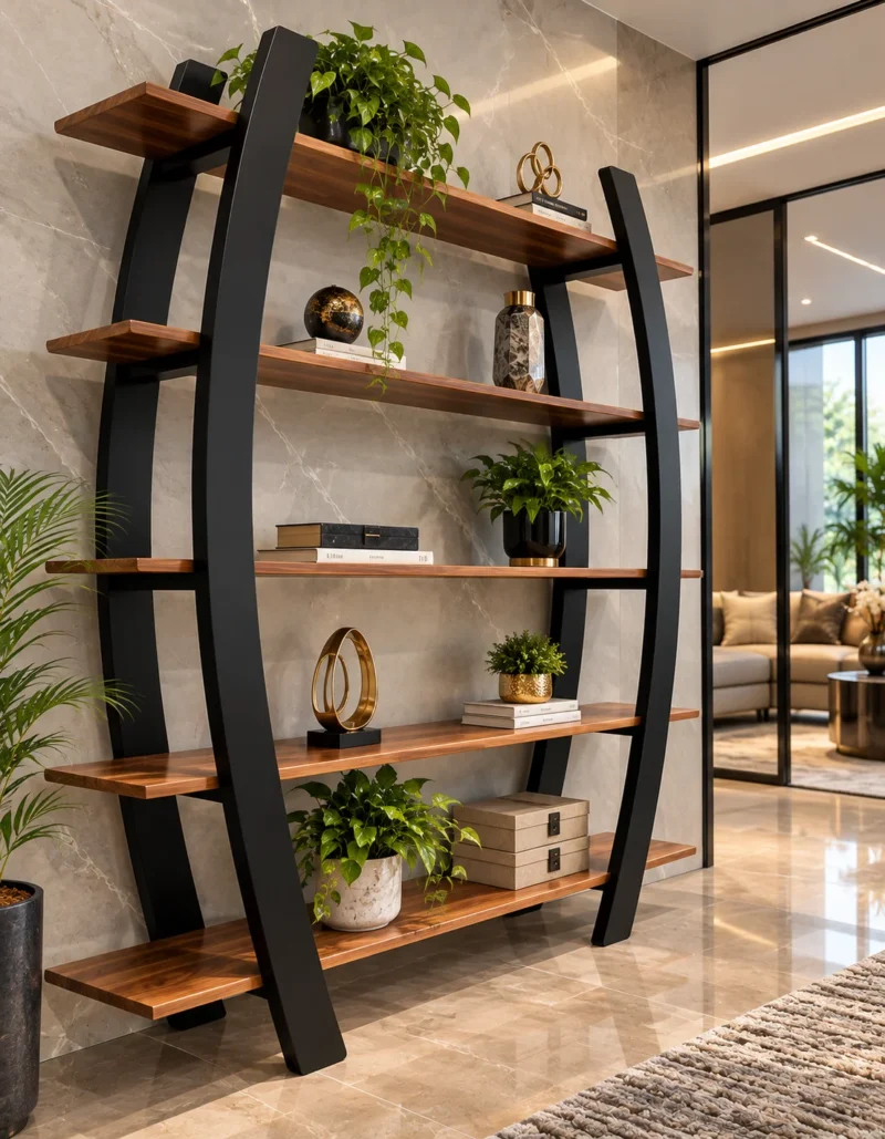 Arvento curved black retail display rack with five wooden-look shelves