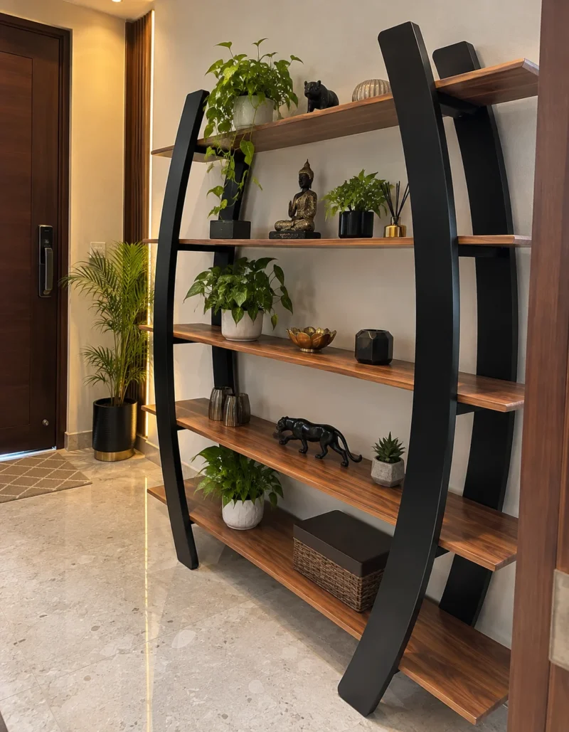 Arvento curved black retail display rack with five wooden-look shelves