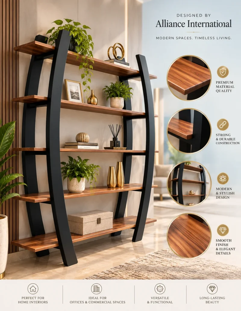 Arvento curved black retail display rack with five wooden-look shelves