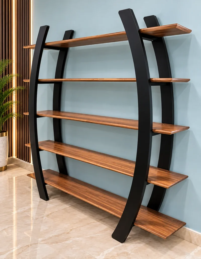 Arvento curved black retail display rack with five wooden-look shelves