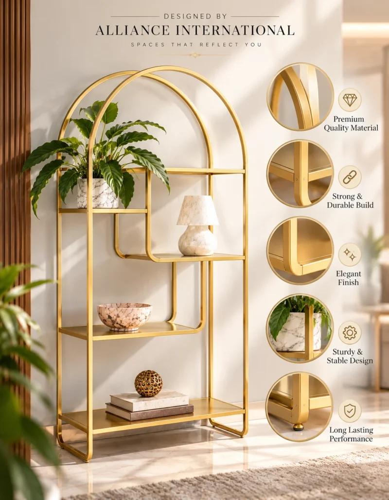 Aurelia Arc arched cosmetic display rack with gold frame and asymmetrical shelves