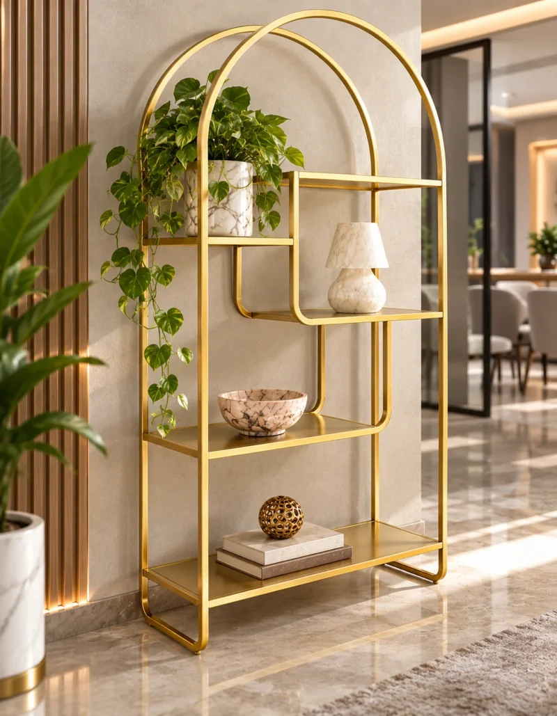 Aurelia Arc arched cosmetic display rack with gold frame and asymmetrical shelves