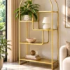 Aurelia Arc arched cosmetic display rack with gold frame and asymmetrical shelves