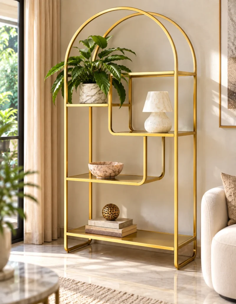 Aurelia Arc arched cosmetic display rack with gold frame and asymmetrical shelves