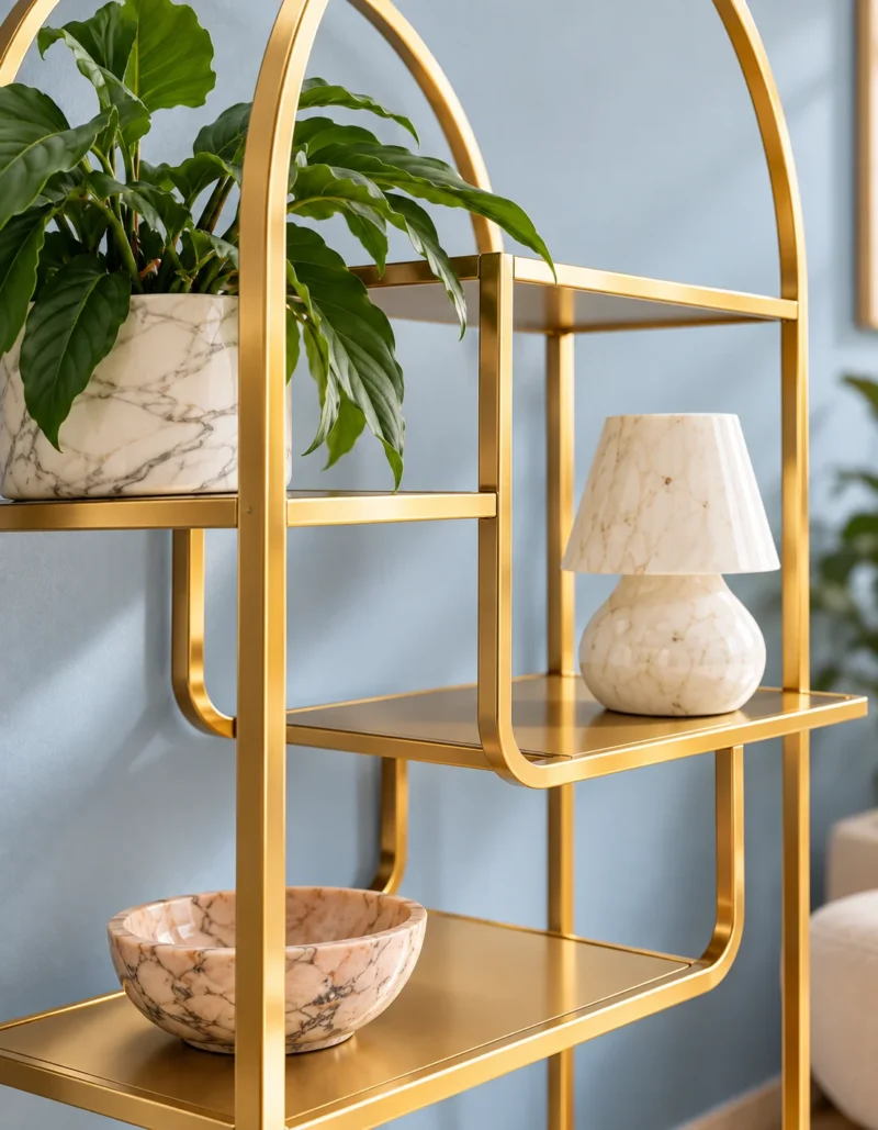 Aurelia Arc arched cosmetic display rack with gold frame and asymmetrical shelves