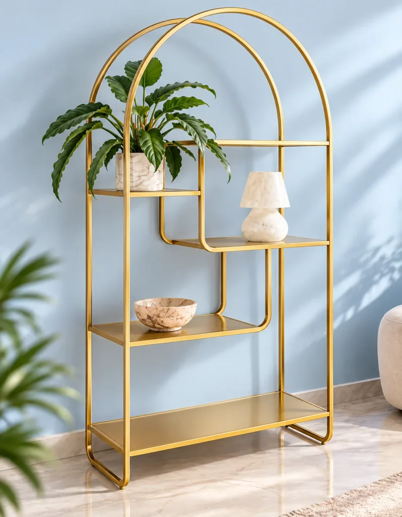 Aurelia Arc arched cosmetic display rack with gold frame and asymmetrical shelves