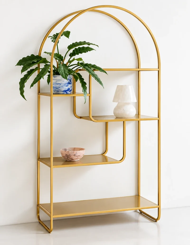 Aurelia Arc arched cosmetic display rack with gold frame and asymmetrical shelves