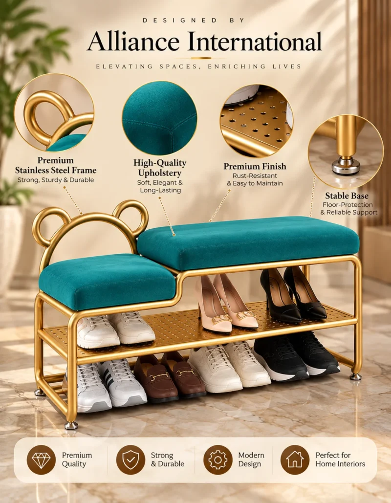Aurelia Bear Luxe shoe rack with bench, gold frame and teal cushioned seating