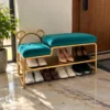 Aurelia Bear Luxe shoe rack with bench, gold frame and teal cushioned seating