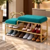 Aurelia Bear Luxe shoe rack with bench, gold frame and teal cushioned seating