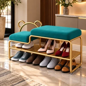 Aurelia Bear Luxe shoe rack with bench, gold frame and teal cushioned seating