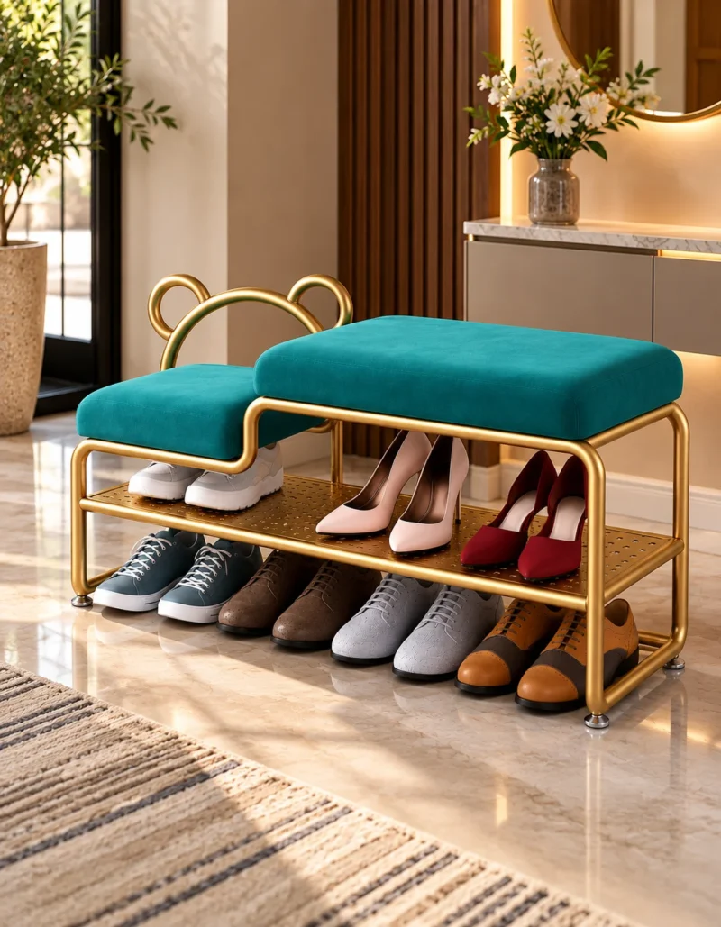 Aurelia Bear Luxe shoe rack with bench, gold frame and teal cushioned seating