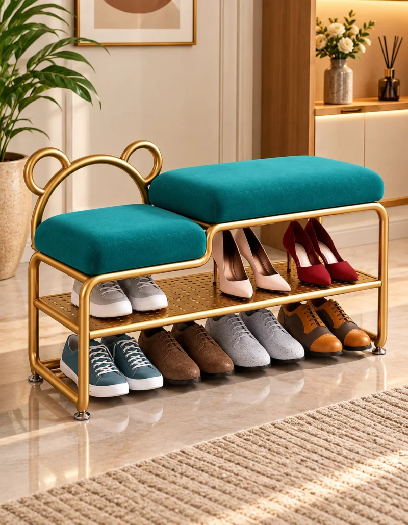 Aurelia Bear Luxe shoe rack with bench, gold frame and teal cushioned seating