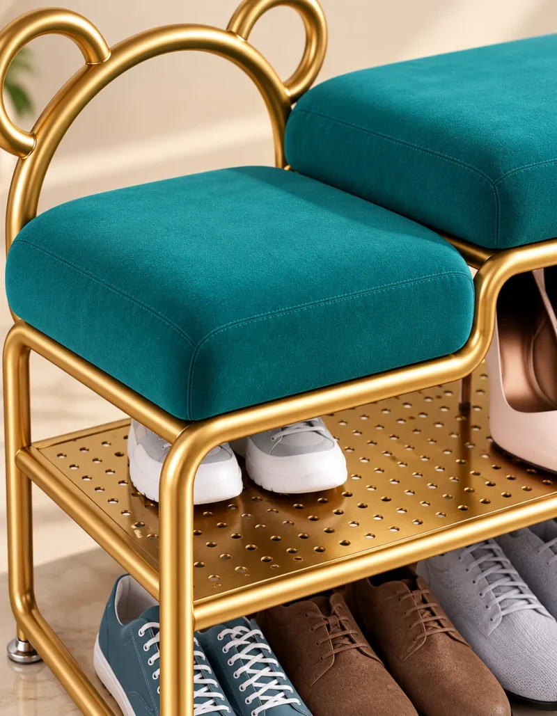 Aurelia Bear Luxe shoe rack with bench, gold frame and teal cushioned seating