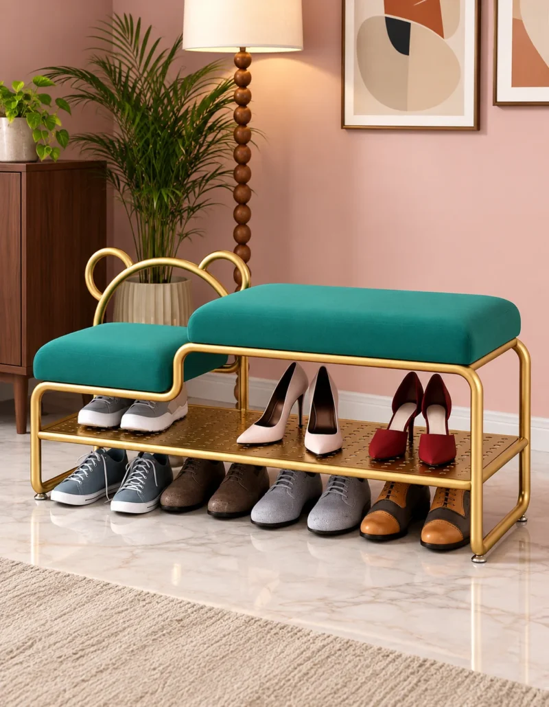 Aurelia Bear Luxe shoe rack with bench, gold frame and teal cushioned seating
