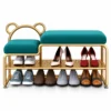 Aurelia Bear Luxe shoe rack with bench, gold frame and teal cushioned seating