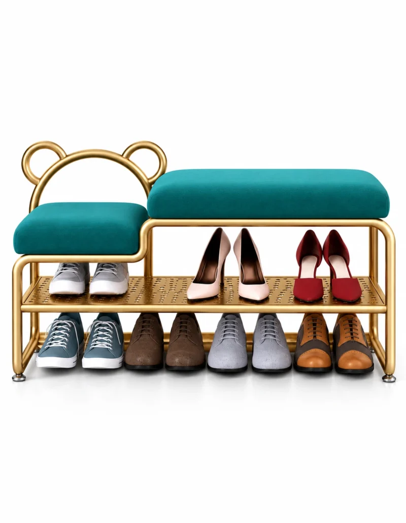 Aurelia Bear Luxe shoe rack with bench, gold frame and teal cushioned seating