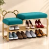 Aurelia Bear Luxe shoe rack with bench, gold frame and teal cushioned seating