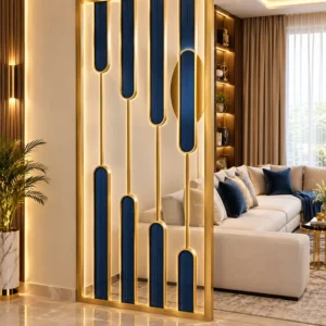 Aurelia blue and gold PVD partition with staggered blue inserts