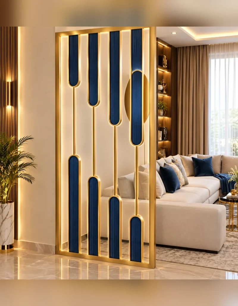 Aurelia blue and gold PVD partition with staggered blue inserts
