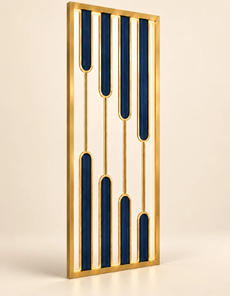 Aurelia blue and gold PVD partition with staggered blue inserts
