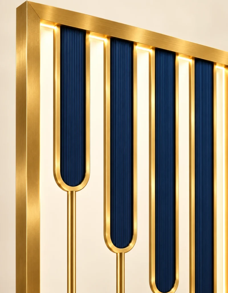 Aurelia blue and gold PVD partition with staggered blue inserts