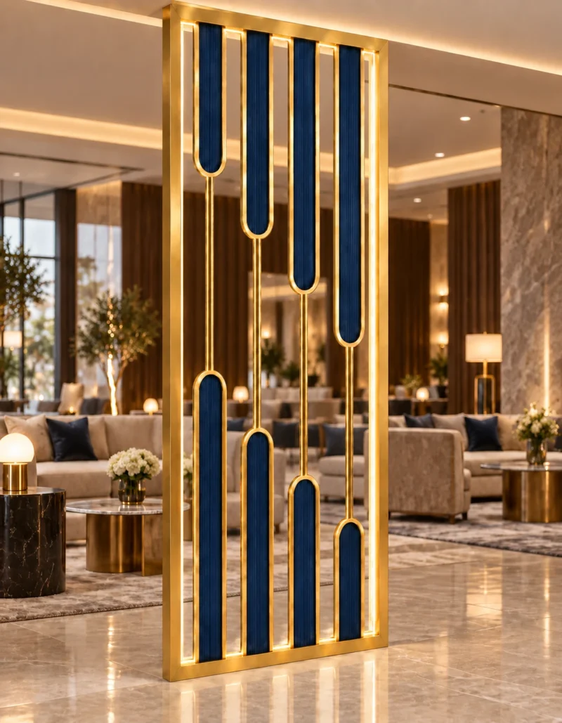 Aurelia blue and gold PVD partition with staggered blue inserts